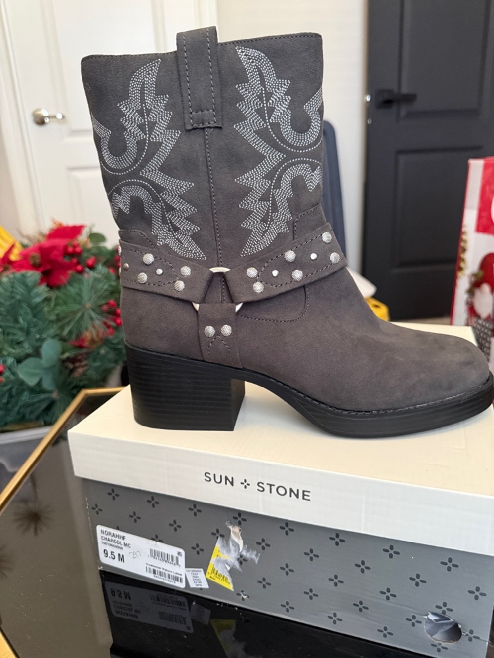 Sun + Stone Gray Suede Western Boot with Studded Strap